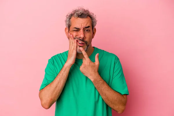 Middle Age Caucasian Man Isolated Pink Background Having Strong Teeth — Photo