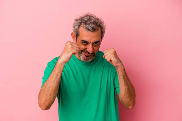 Middle Age Caucasian Man Isolated Pink Background Throwing Punch Anger —  Fotos de Stock