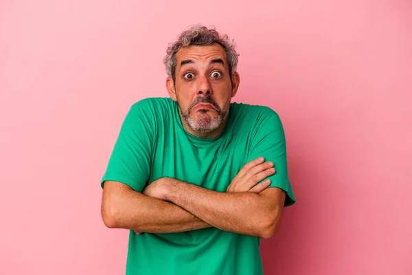 Middle Age Caucasian Man Isolated Pink Background Shrugs Shoulders Open —  Fotos de Stock