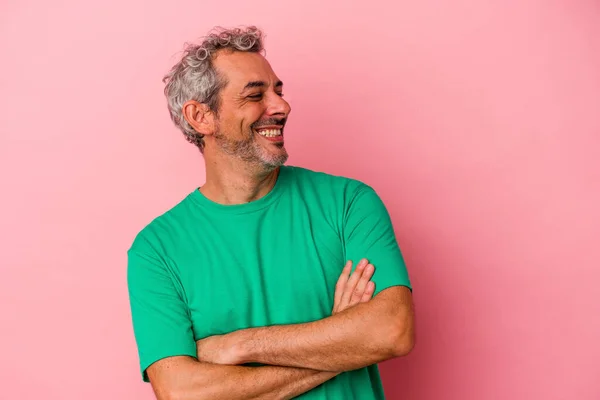 Middle Age Caucasian Man Isolated Pink Background Smiling Confident Crossed — Foto de Stock