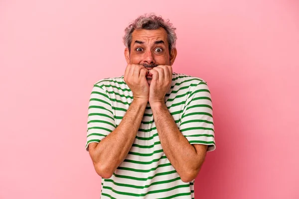 Middle Age Caucasian Man Isolated Pink Background Biting Fingernails Nervous —  Fotos de Stock