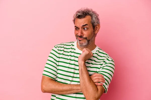 Middle Age Caucasian Man Isolated Pink Background Confused Feels Doubtful — Foto de Stock