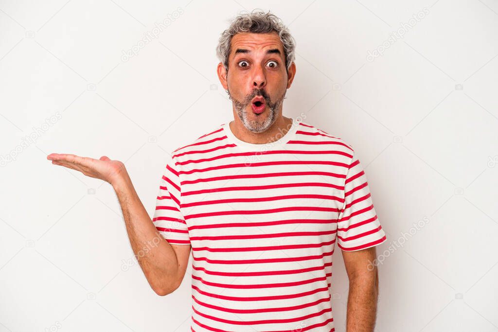 Middle age caucasian man isolated on white background  impressed holding copy space on palm.