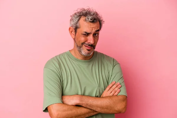 Middle Age Caucasian Man Isolated Pink Background Unhappy Looking Camera —  Fotos de Stock