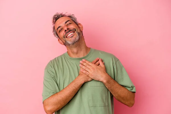 Middle Age Caucasian Man Isolated Pink Background Laughing Keeping Hands — Foto de Stock