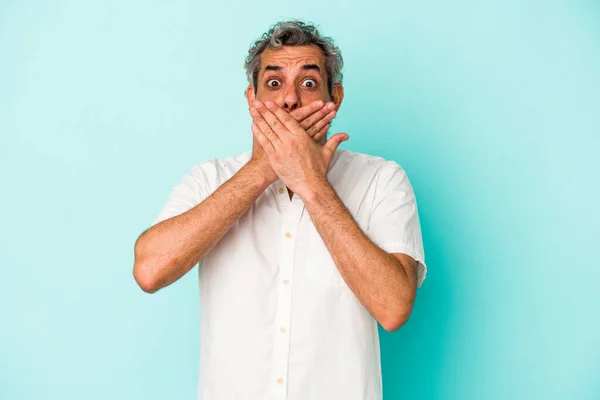 Middle Age Caucasian Man Isolated Blue Background Shocked Covering Mouth — Fotografia de Stock