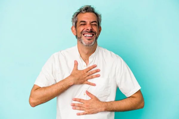 Middle Age Caucasian Man Isolated Blue Background Laughs Happily Has — Stock Photo, Image