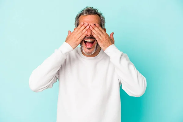 Middle Age Caucasian Man Isolated Blue Background Covers Eyes Hands — ストック写真
