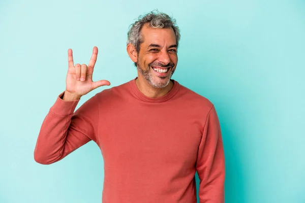 Middle Age Caucasian Man Isolated Blue Background Showing Horns Gesture — Foto de Stock