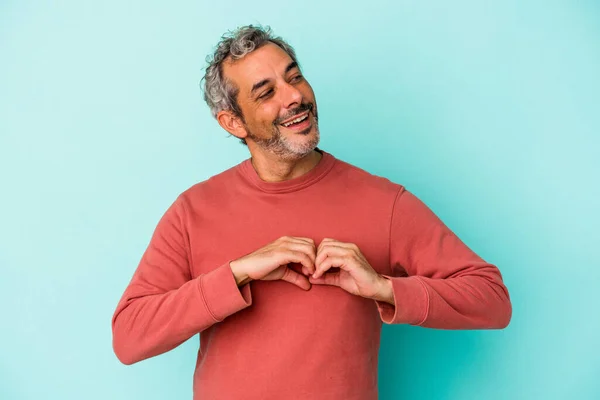 Middle Age Caucasian Man Isolated Blue Background Smiling Showing Heart — ストック写真
