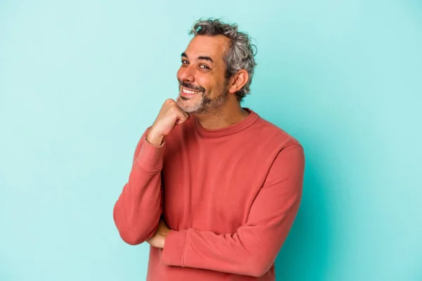 Middle Age Caucasian Man Isolated Blue Background Smiling Happy Confident — Foto de Stock