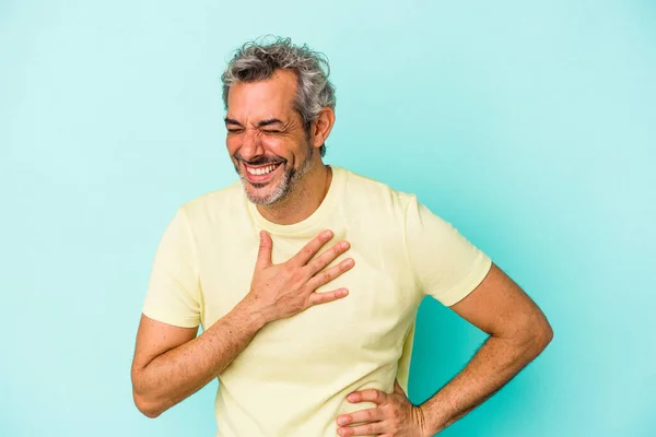 Middle Age Caucasian Man Isolated Blue Background Laughing Keeping Hands — ストック写真