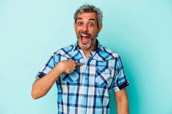 Middle Age Caucasian Man Isolated Blue Background Surprised Pointing Finger — Photo