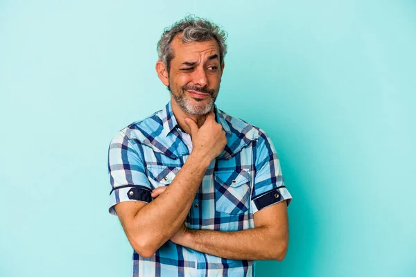 Middle Age Caucasian Man Isolated Blue Background Suffers Pain Throat — Foto de Stock