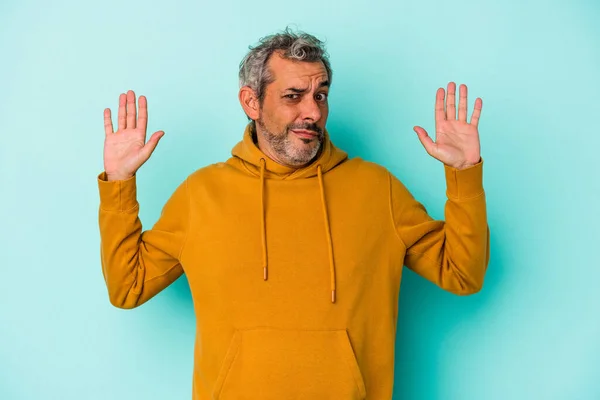 Middle Age Caucasian Man Isolated Blue Background Being Shocked Due — Foto de Stock