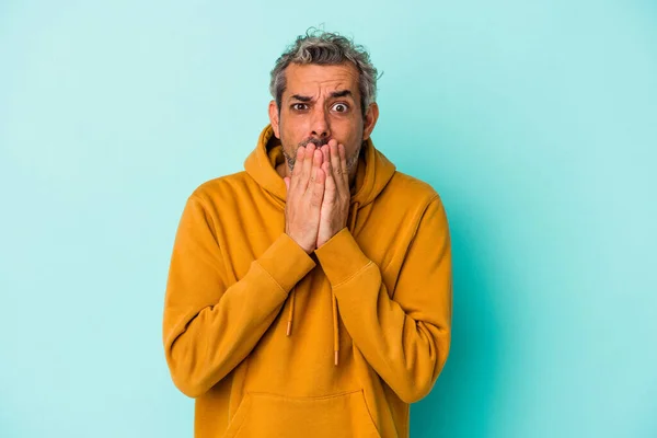 Middle Age Caucasian Man Isolated Blue Background Covering Mouth Hands — Fotografia de Stock