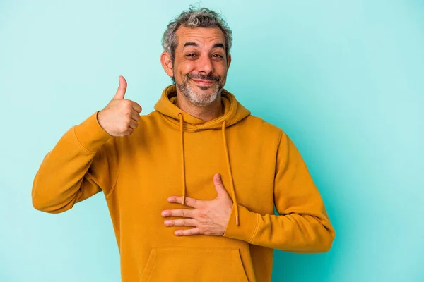 Middle Age Caucasian Man Isolated Blue Background Touches Tummy Smiles — Foto de Stock