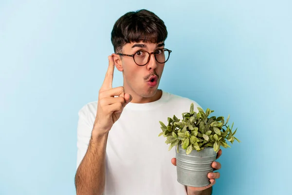 Joven Hombre Raza Mixta Sosteniendo Una Planta Aislada Sobre Fondo — Foto de Stock