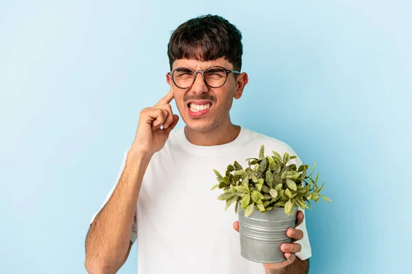 Hombre Joven Raza Mixta Sosteniendo Una Planta Aislada Sobre Fondo — Foto de Stock