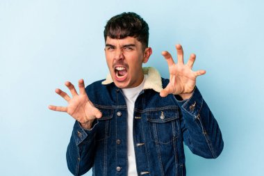 Genç melez adam mavi arka planda izole edilmiş gergin ellerle çığlık atıyor..