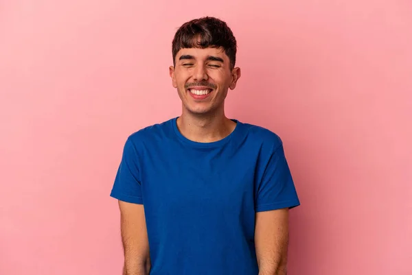 Young Mixed Race Man Isolated Pink Background Laughs Closes Eyes — Stock Photo, Image