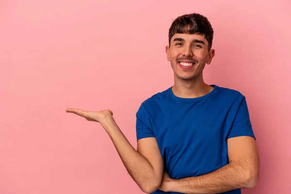 Young Mixed Race Man Isolated Pink Background Showing Copy Space — Stock Photo, Image