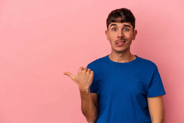Young Mixed Race Man Isolated Pink Background Shocked Pointing Index — Stock Photo, Image