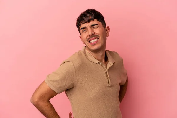 Young Mixed Race Man Isolated Pink Background Suffering Back Pain — Stock Photo, Image
