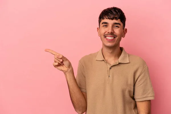 Young Mixed Race Man Isolated Pink Background Smiling Cheerfully Pointing — Stock Photo, Image