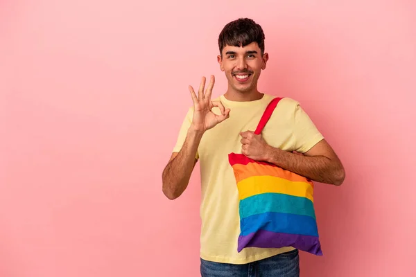 Young Mixed Race Man Wearing Lgtb Bag Isolated Pink Background — Stock Photo, Image