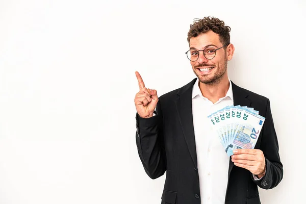 Young Business Caucasian Man Holding Banknotes Isolated White Background Smiling — Stock Photo, Image