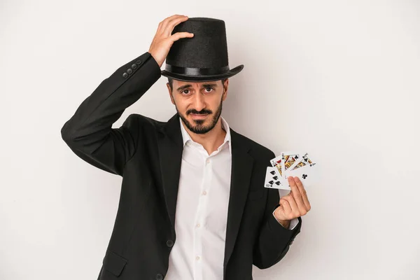 Young Magician Man Holding Magic Card Isolated White Background Being — Stock Photo, Image