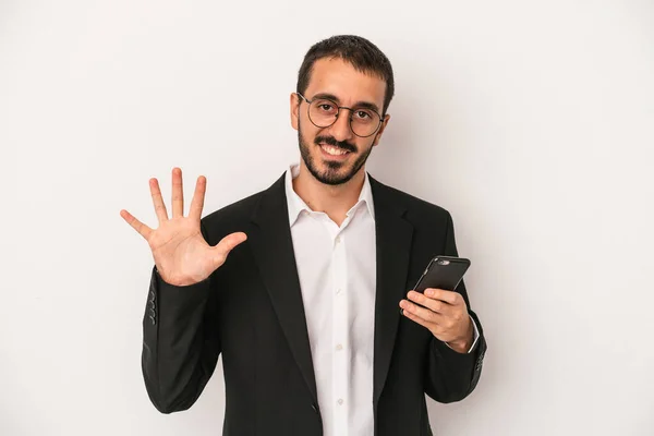 Young Business Man Holding Mobile Phone Isolated White Background Smiling — Stock Photo, Image