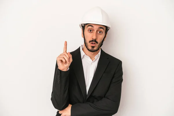 Jovem Arquiteto Homem Vestindo Capacete Construção Isolado Fundo Branco Ter — Fotografia de Stock