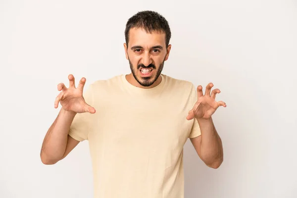 Young Caucasian Man Isolated White Background Showing Claws Imitating Cat — Stock Photo, Image