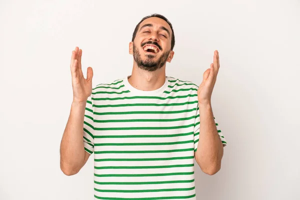 Young Caucasian Man Isolated White Background Laughs Out Loudly Keeping — Stock Photo, Image