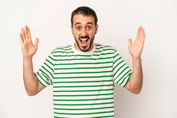 Young Caucasian Man Isolated White Background Receiving Pleasant Surprise Excited — Stock Photo, Image