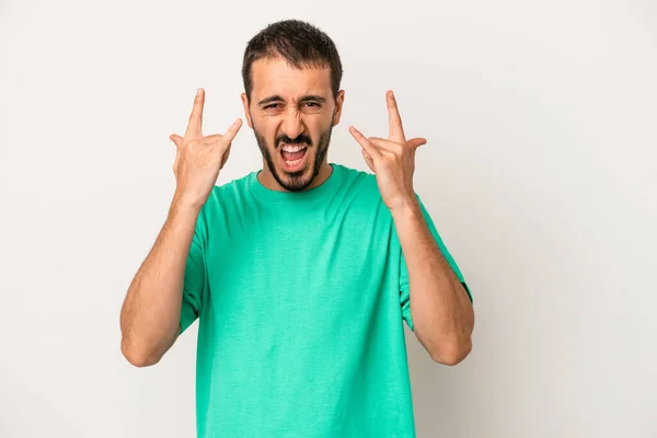 Young Caucasian Man Isolated White Background Showing Horns Gesture Revolution — Stock Photo, Image