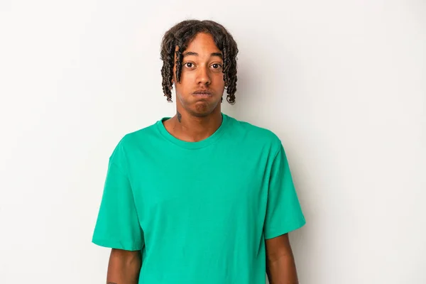 Young African American Man Isolated White Background Blows Cheeks Has — Stock Photo, Image