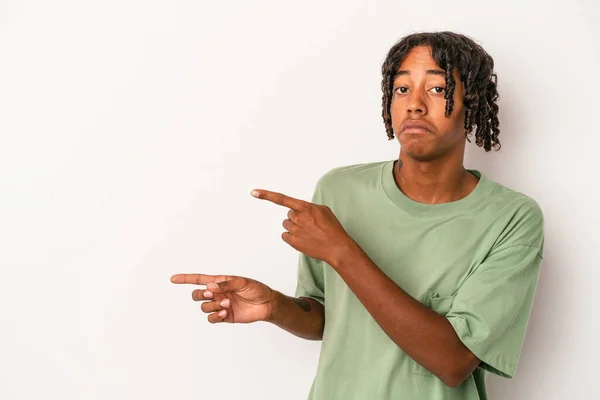 Young African American Man Isolated White Background Pointing Forefingers Copy — Stock Photo, Image