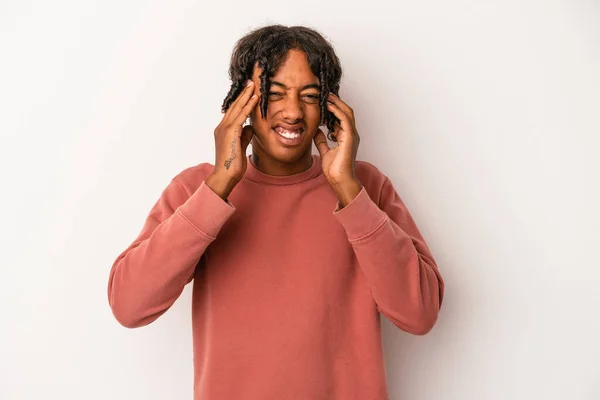 Young African American Man Isolated White Background Covering Ears Hands — Stock Photo, Image