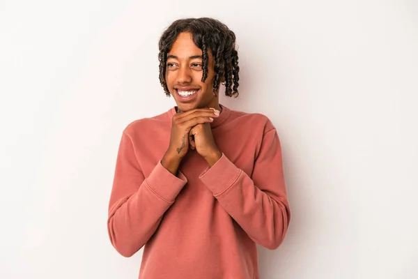 Young African American Man Isolated White Background Keeps Hands Chin — Stock Photo, Image