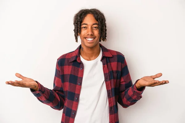 Young African American Man Isolated White Background Makes Scale Arms — Stock Photo, Image