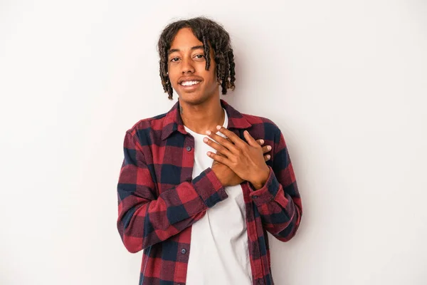 Young African American Man Isolated White Background Laughing Keeping Hands — Stock Photo, Image