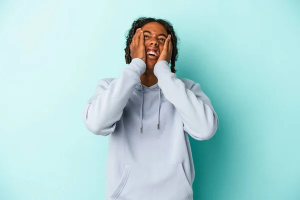 Young African American Man Isolated Blue Background Whining Crying Disconsolately — Stock Photo, Image