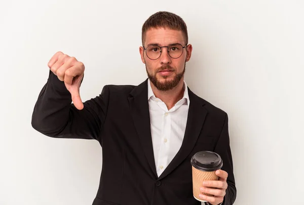 Junger Geschäftsmann Der Kaffee Wegnimmt Isoliert Auf Weißem Hintergrund Und — Stockfoto