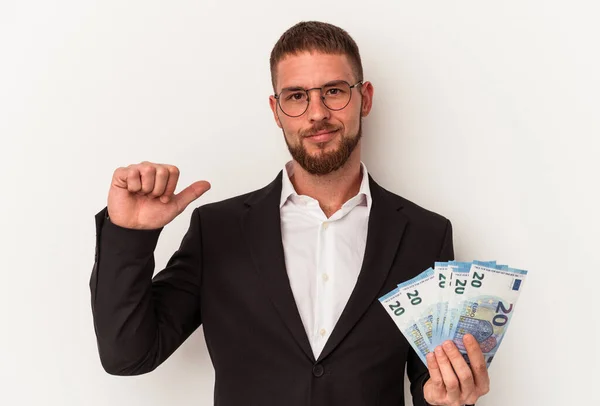 Young Business Caucasian Man Holding Banknotes Isolated White Background Feels — Stock Photo, Image