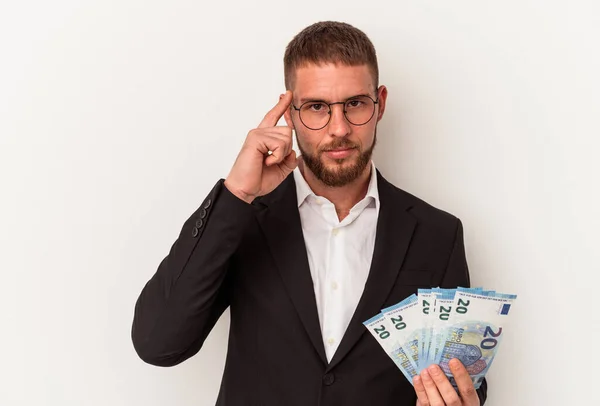 Young Business Caucasian Man Holding Banknotes Isolated White Background Pointing — Stock Photo, Image