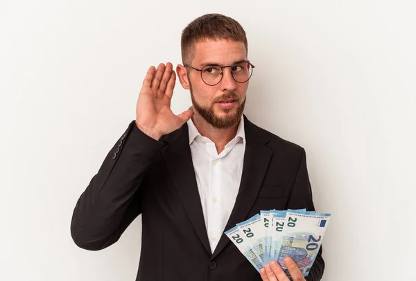 Young Business Caucasian Man Holding Banknotes Isolated White Background Trying — Stock Photo, Image