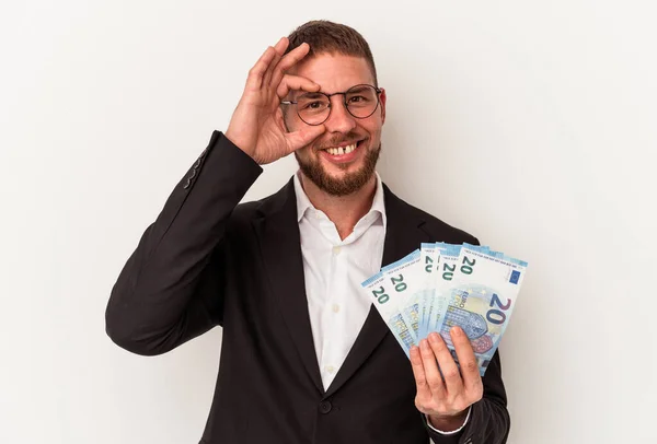 Young Business Caucasian Man Holding Banknotes Isolated White Background Excited — Stock Photo, Image